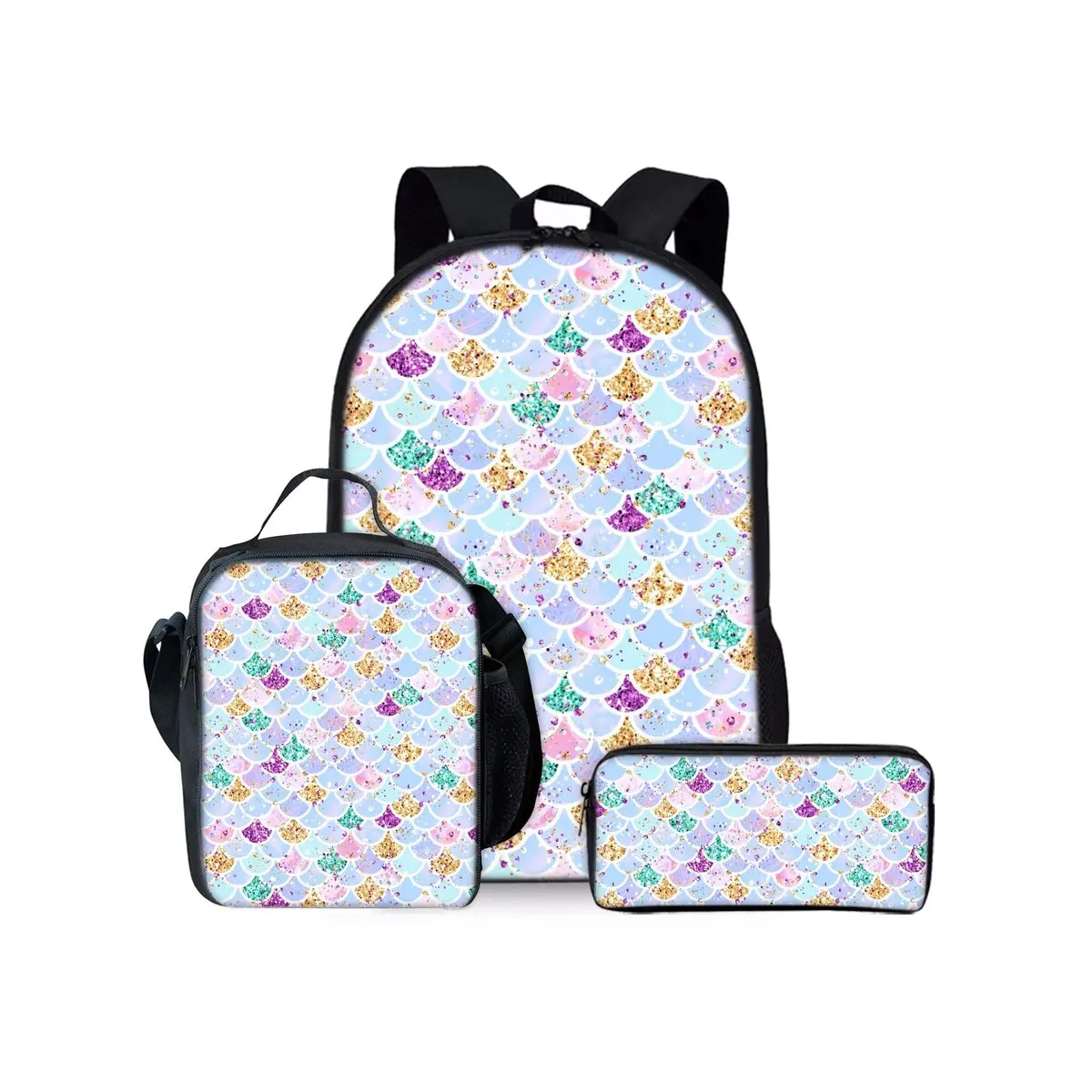 Mermaid Print Three Piece Backpacks Set for Boy and Girls Best Gifts 2D Flat Cartoon School Bag for Children
