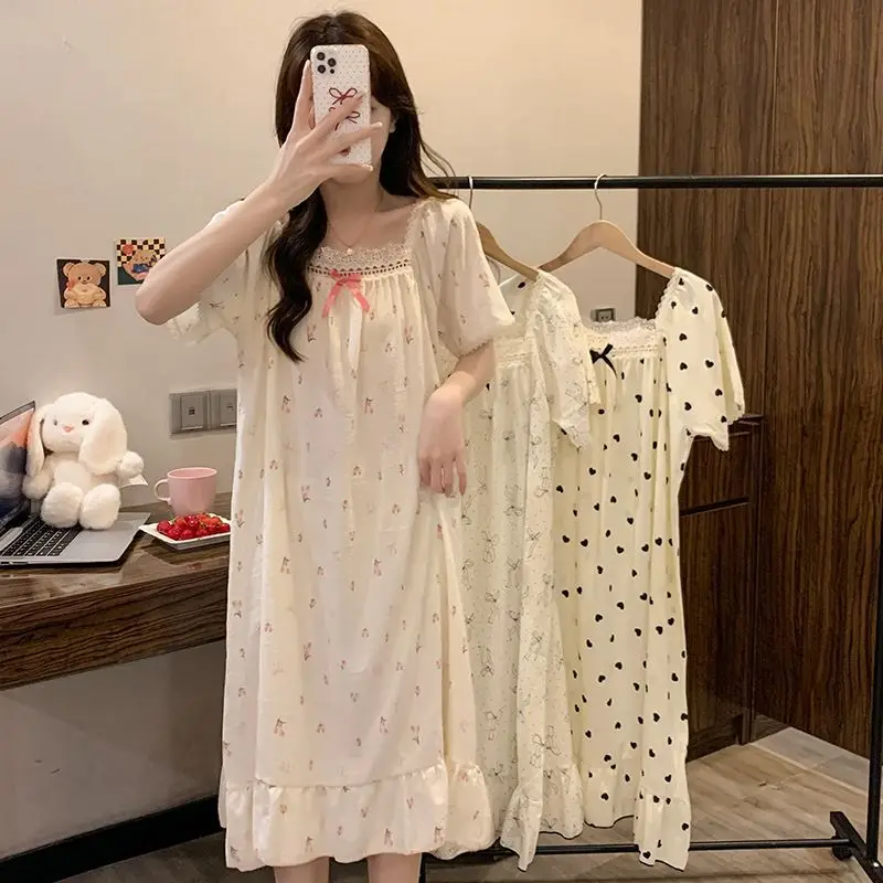 Plus Size Princess Style NIghtgown Summer Short Sleeve Pajamas Dress Korean Floral Cloud Cotton Loose Loungewear Home Clothes view 6