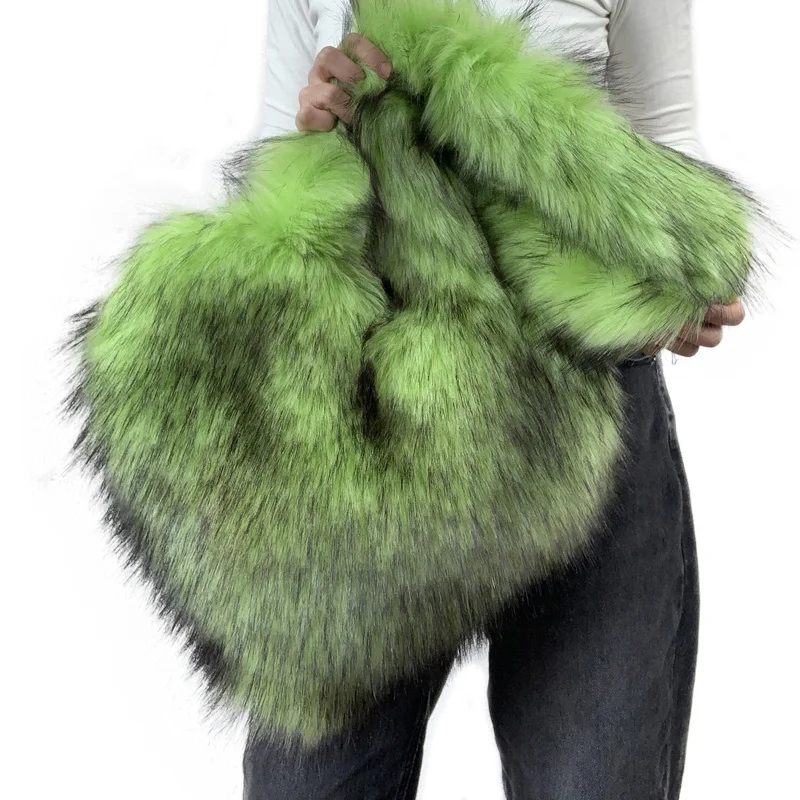 Faux Natural Fur-Ever Mongolian Furry Fur Heart Shape Oversized Tote Bags For Women Handbags With Long Shoulder Fur Straps