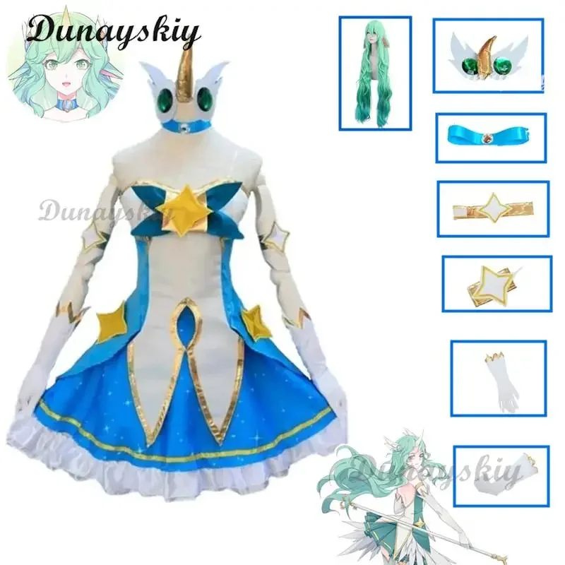 Disfraz de Cosplay del juego LOL Star Guardian of Soraka para mujer, peluca Starchild, orejas de cuerno, vestido de Lolita de Anime, traje verde Sexy para Halloween