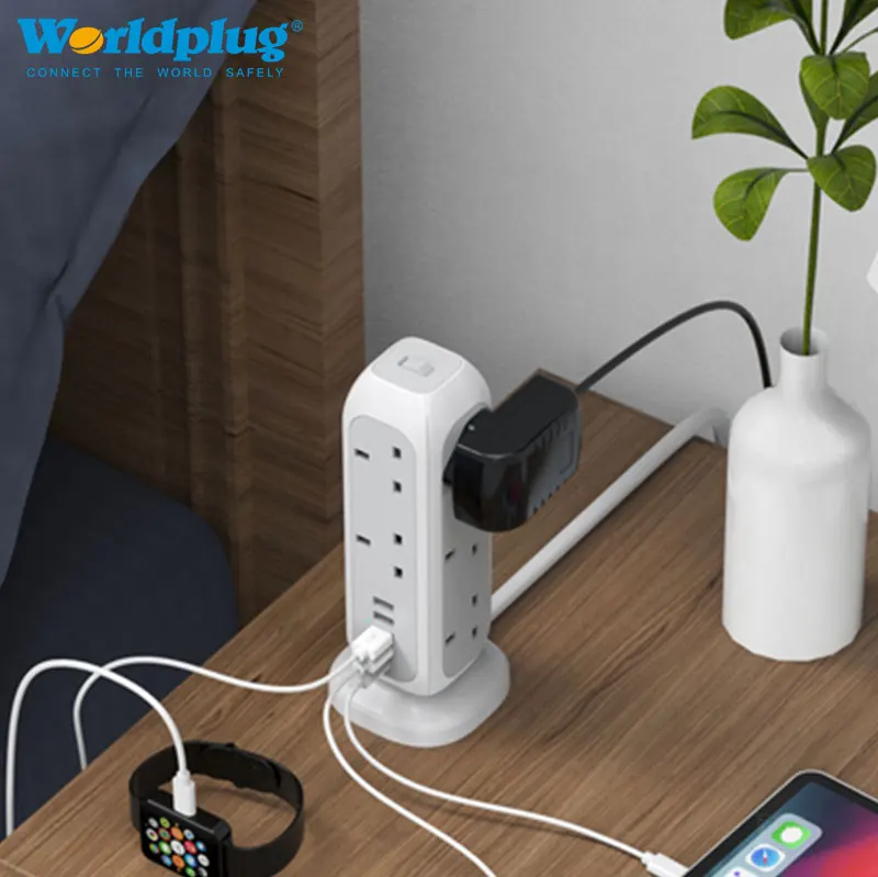 11 Ways Outlets Surge Protector 13A Power Strip Tower UK 3 Pin Extension Socket Cord with USB Plug SDK