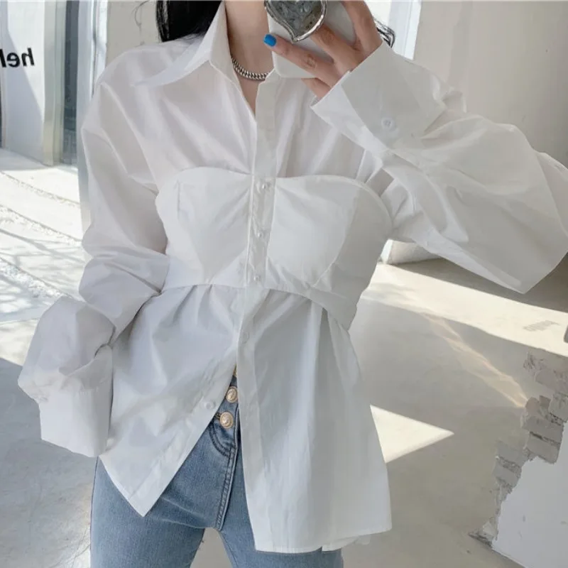 Fake 2 Pcs Shirts Women Solid Design New Fashion High Street Unique Single Breasted Elegant Ladies Clothing Spring All-match