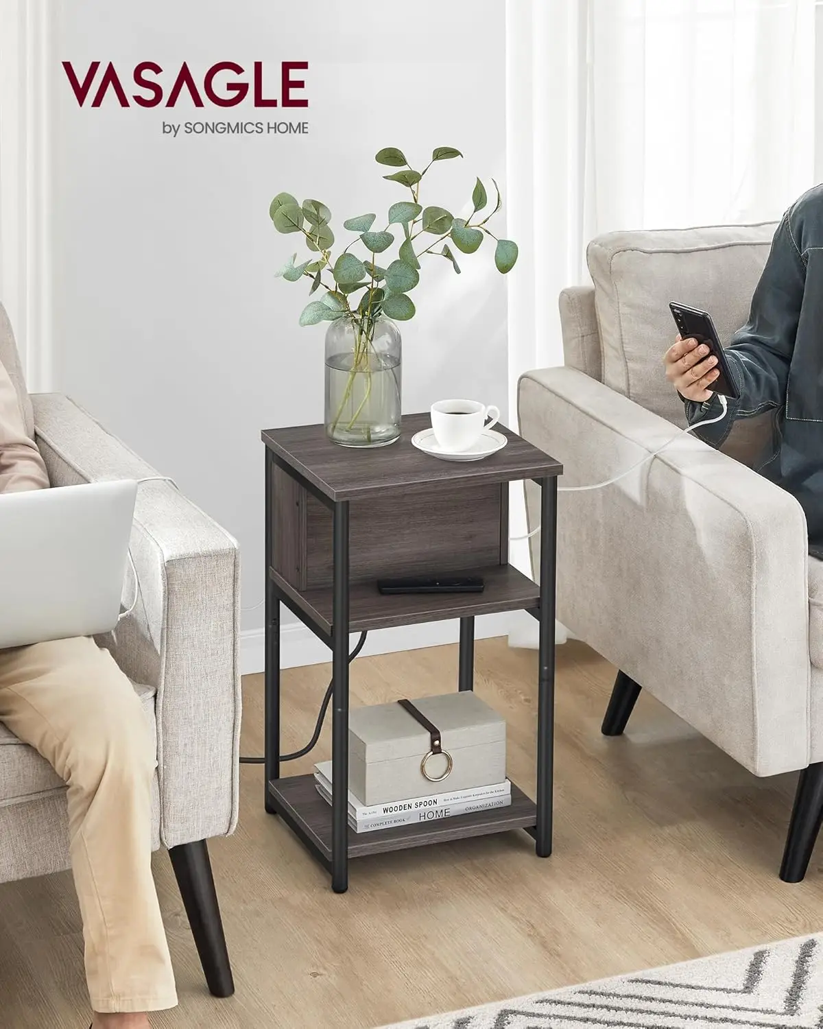 VASAGLE Slim Side Table with Charging Station, Narrow Bedside Table with 2 AC Outlets 2 USB Outlets, 30 x 34 x 58 cm