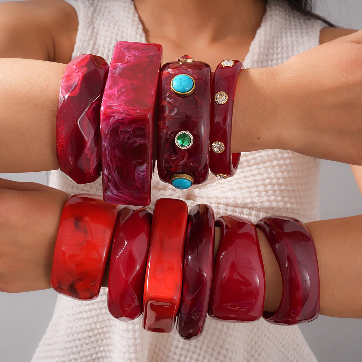 KMVEXO Exaggeration Red Resin Bangles for Women Geometric Irregular Chunky Wide Smudging Bracelet Punk Jewelry Accessories