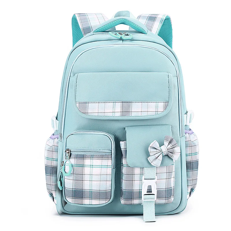 Purple Bow Knot School Bags For Kids Plaid Book Bag Pink Waterproof School Backpacks For Girls Large Capacity Kawaii Backpack