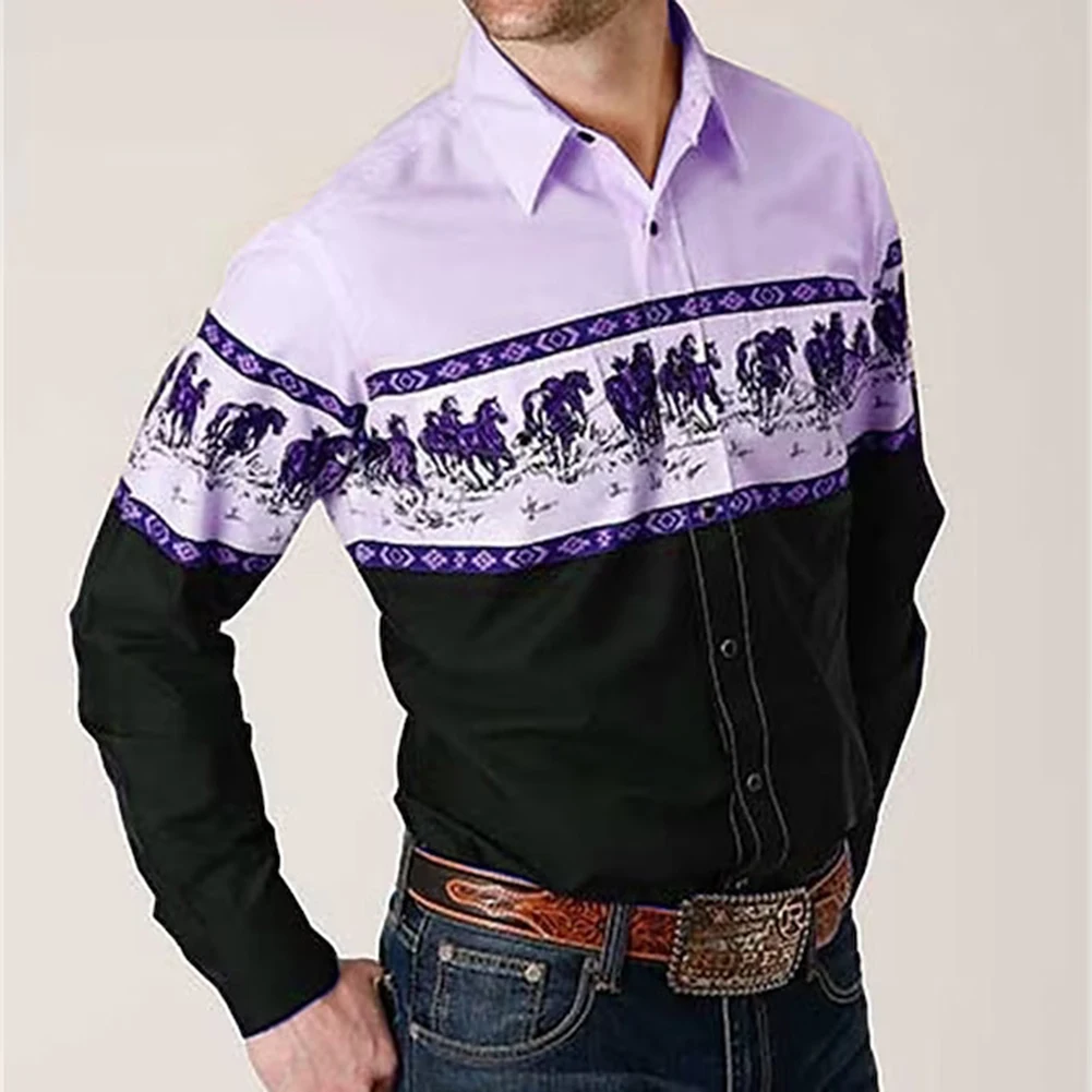 Fashion Western Tribal Ethnic Horse Print Shirts And Blouses Long Sleeve Casual Slim Button Dress Tops Clothing Shirt For Men