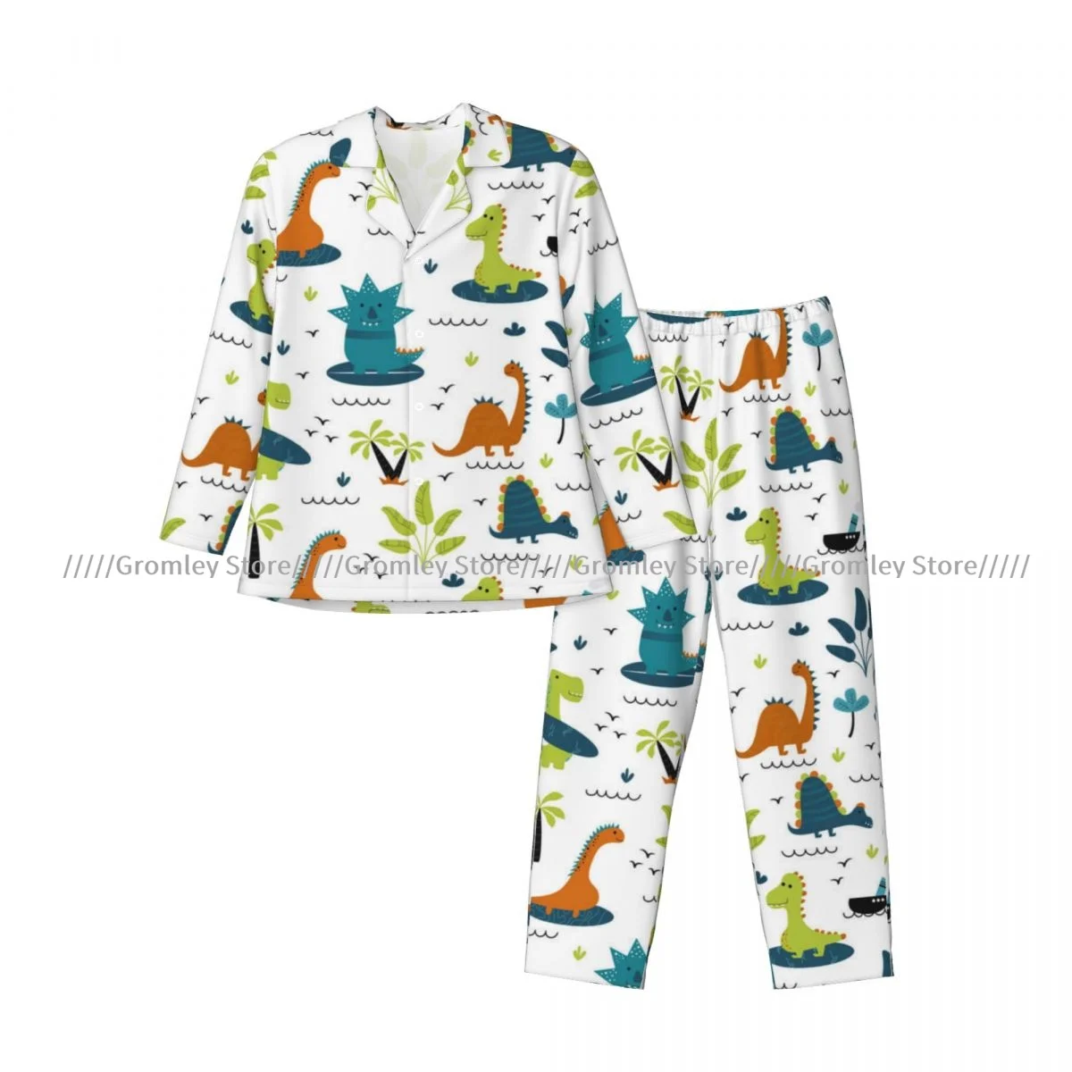 Conjuntos de pijamas para hombre, trajes para el hogar, ropa de dormir con patrón de dinosaurio para niños, ropa de casa holgada, conjuntos informales de manga larga