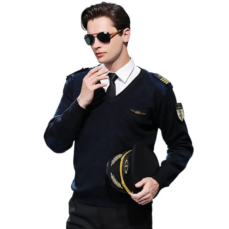 Winterpiloottrui Imitatiewol Kapitein V-hals Wol Luchtvaartuniform Vluchtpak Diepblauw