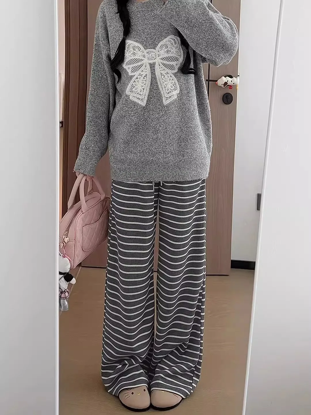 

Мягкие повседневные брюки в полоску для женщин, осенне-зимние, больших размеров, свободные, широкие, с эффектом похудения, модные, с высокой талией