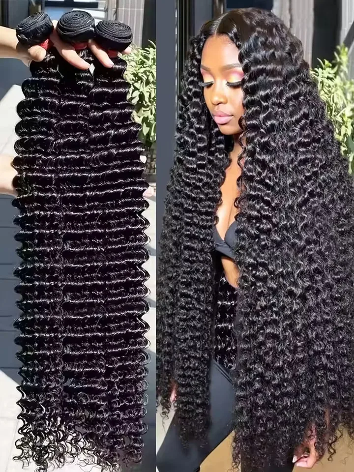 Paquetes de cabello humano con onda profunda, 24 26 28 pulgadas, rizos profundos, cabello natural brasileño crudo para mujer