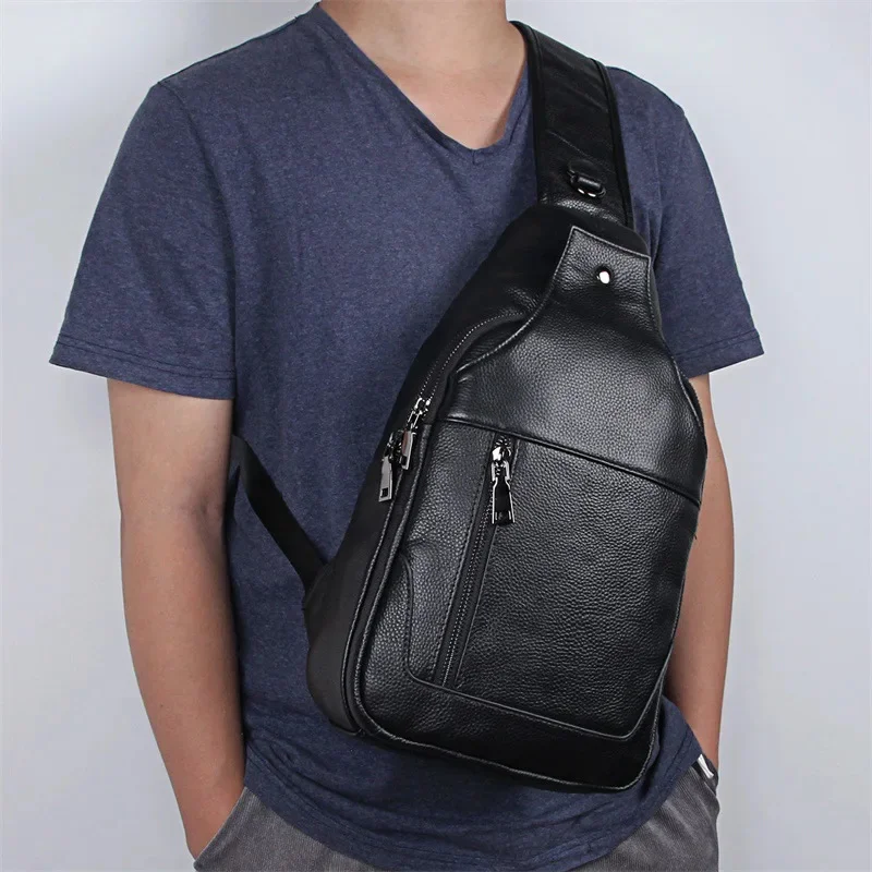 Big Size Chest Bag Men Real Cowskin Black Packs Leather Sling Bags Single Shoulder Crossbody for male man sport bag