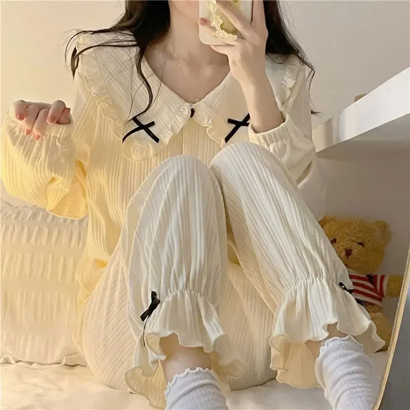 Pink Pajama Sets Women Sweet Lace Schoolgirls Turn-down Sleepwear Korean Style Autumn Simple Comfortable Home Youth Nightwear