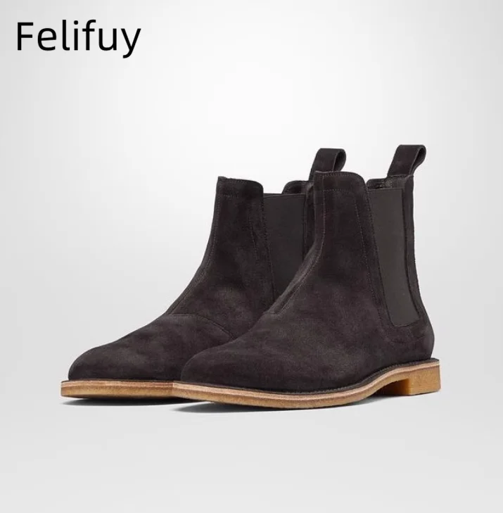 Cow Suede Leather Elastic Chelsea Boots for Men Slip On Sewing Ankle Boots High Quality Black Brown Casual All Match Men's Shoes