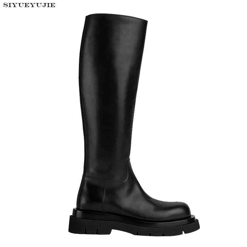 2024 Ins Women platform Knee High Boots Med Heel Genuine Leather Winter Motorcycle Boots Platforms Party Shoes Woman Size 35-40