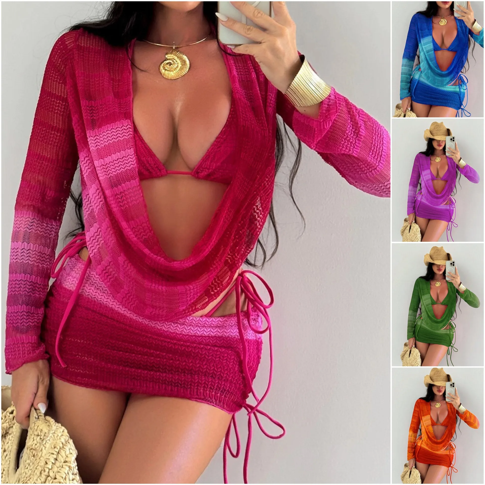 Sexy Gradient Knitted Long Sleeve Cover-Ups Skirt 4 Piece Bikini Set Swimwear Women Push Up Bra Bandage Thong Swimsuit