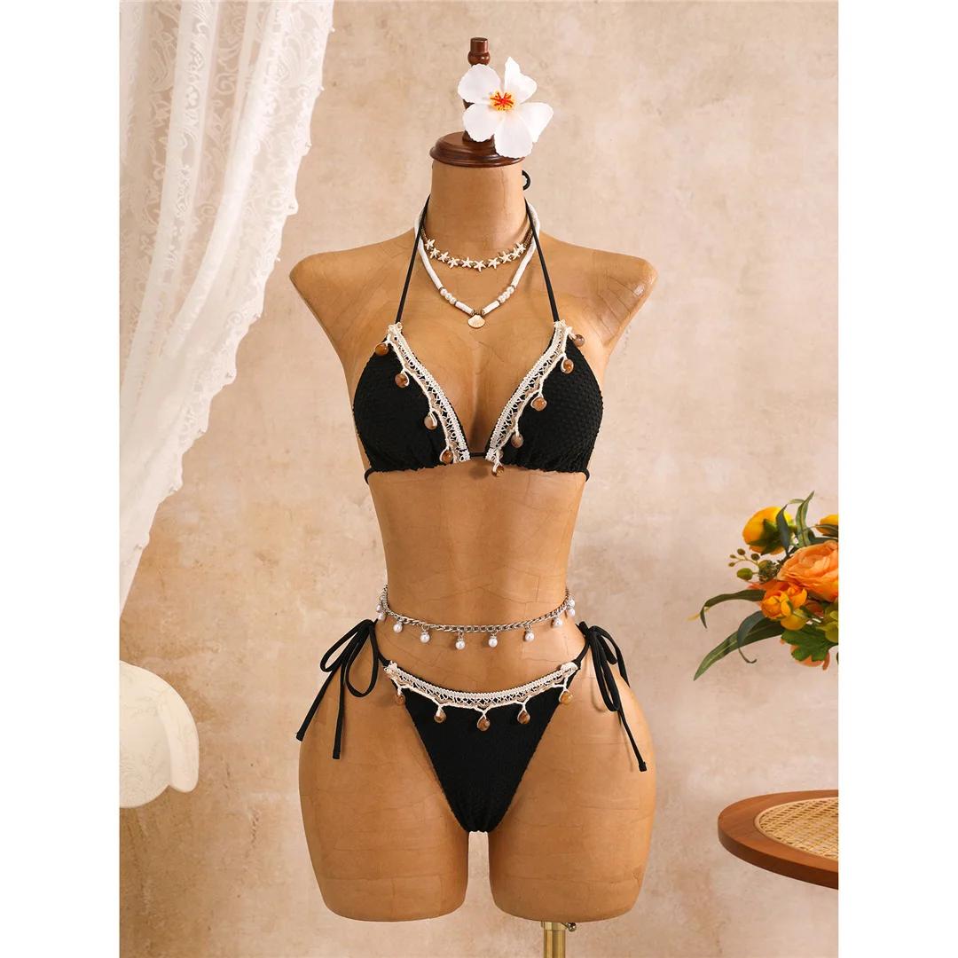 Mit Rock-Splicing-Design, Neckholder-Bikini, Damen-Badeanzug, dreiteiliges Bikini-Set, gepolsterter Badeanzug, Badebekleidung, Schwimmanzug V8508 – Detail 10