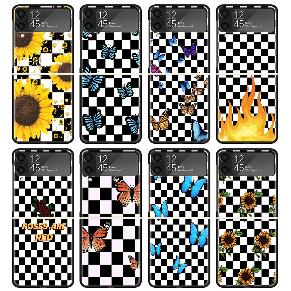 Checkered Sunflowers Butterfly Case For Samsung Galaxy Z Flip 4 5 3 z Flip5 Flip4 5G Hard Phone Cover Flip3 Split Folding Black