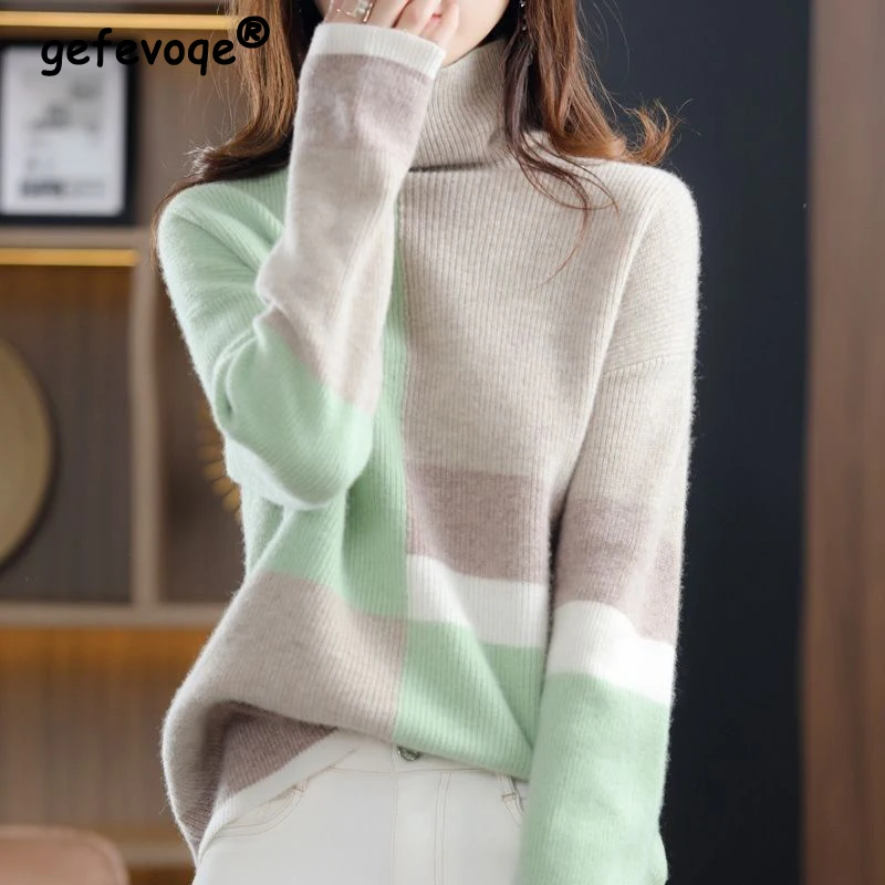 2023 Autumn Winter Women's Contrast Color Turtleneck Knitted Sweater Trendy Chic Long Sleeve Pullover Tops Casual Loose Jumpers