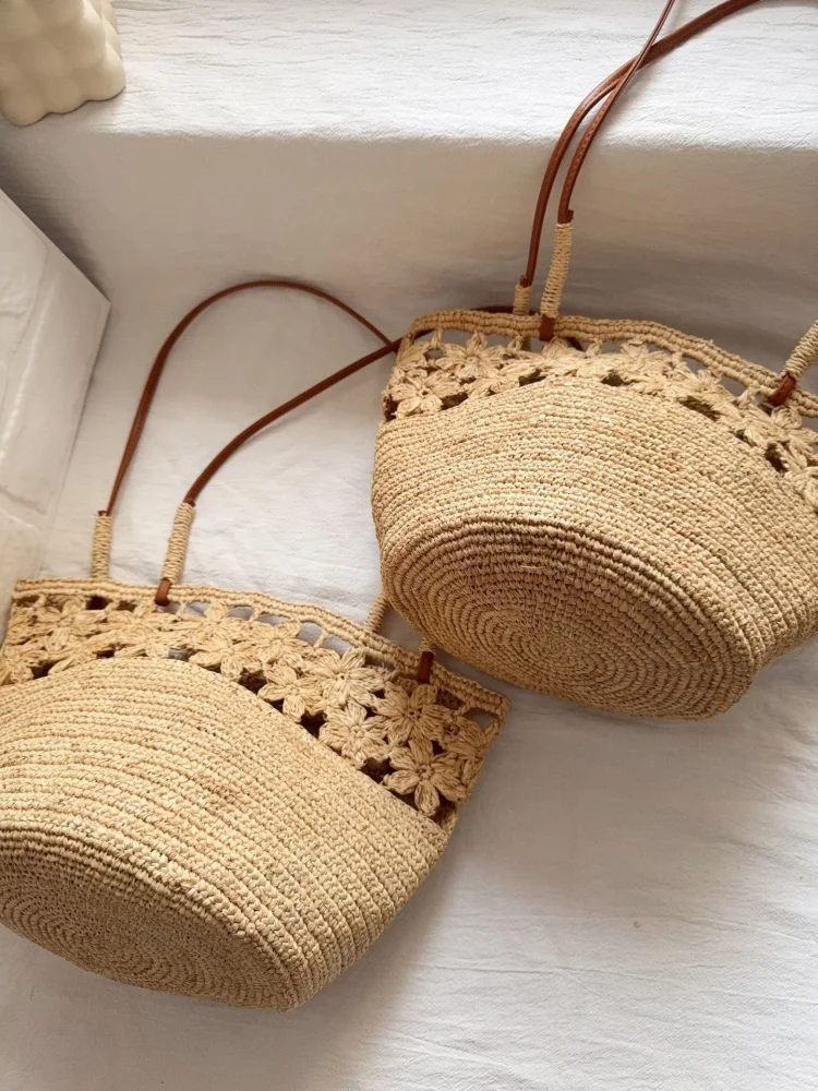

Летняя плетеная сумка-ведро из рафии с цветочным узором, большая вместимость, женская, для пляжного отдыха, ажурная