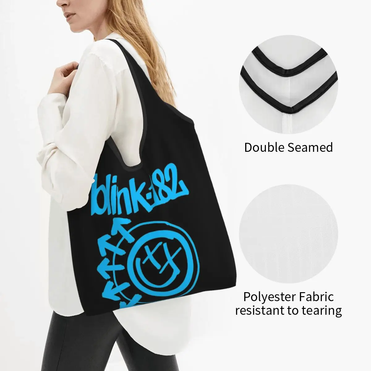 Blink 182 Punk Smile Portable Tote Shopping Bags Foldable Shopper Bag Groceries Handbag Shoulder Bag