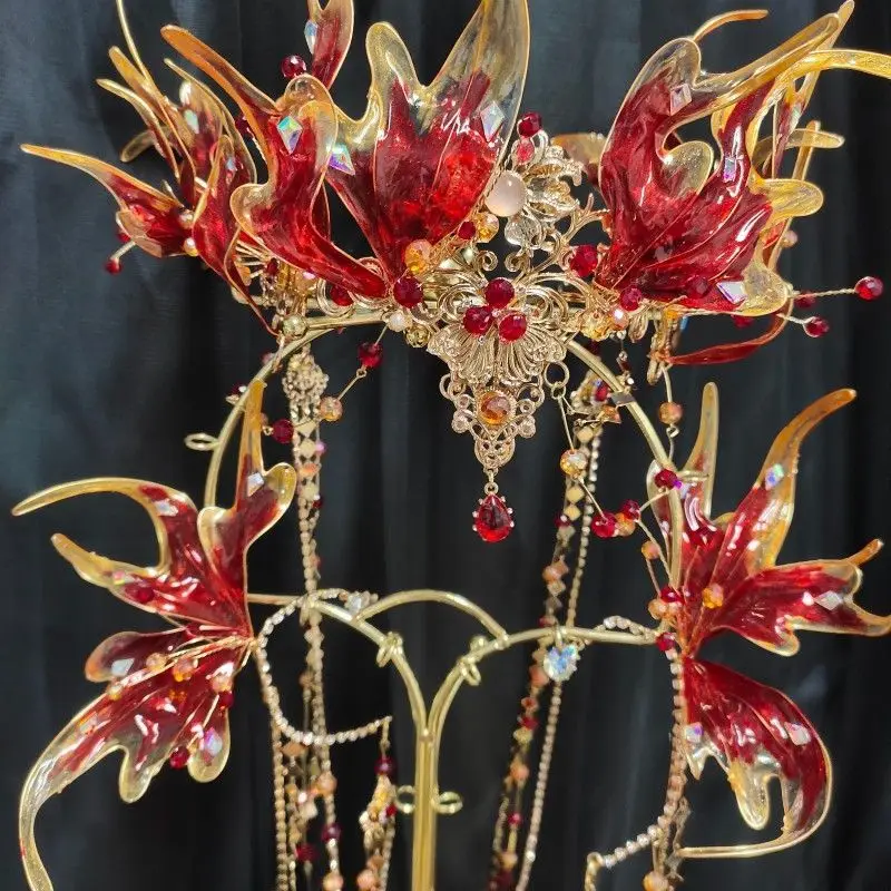 2026 Mermaid Hair Crown Hair Accessories Tassel Ear Hanging Hanfu Mermaid High Value Hair Accessories Set Super Fairy Red Crown