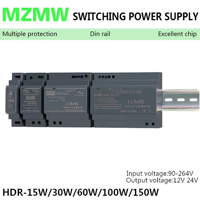 Zasilacz impulsowy na szynę DIN serii HDR 15W 30W 60W 100W 150W 110V 220V AC/DC 12V 24V Przemysłowy ultracienki transformator SMPS