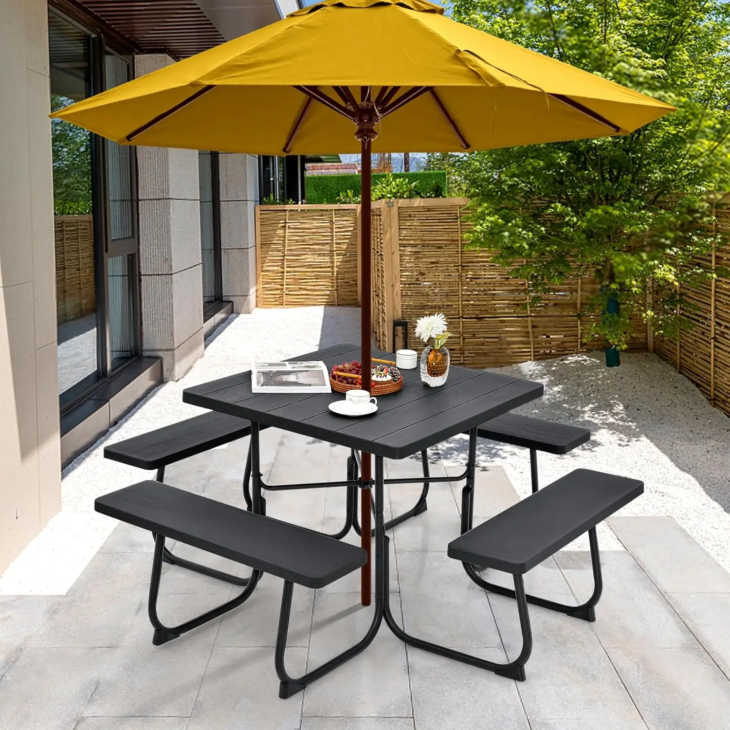 Picnic Table, Outdoor Square Picnic Table with 4 Built-in Benches, Umbrella Hole, Metal Frame & HDPE Tabletop, Outside Table and