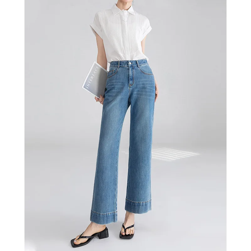 

High Street Fashion Loose Flared Jeans Women Four Seasons Simple and Comfortable Straight Leg Denim Wide-leg Nine-quarter Pants