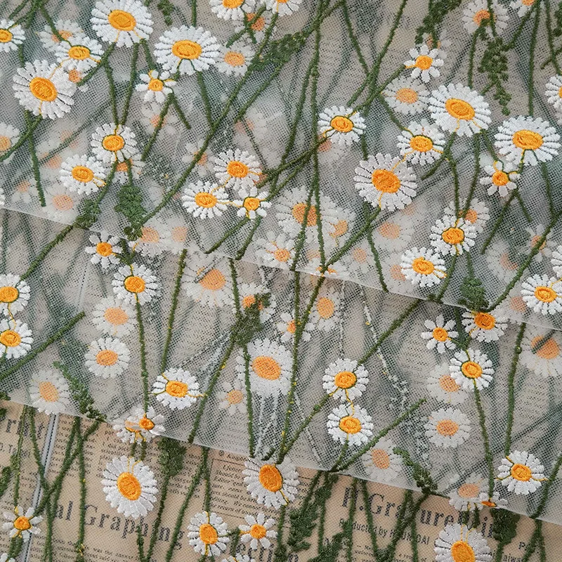 Spring/Summer Daisy Women\'s Dress Embroidered Mesh Fabric Fresh Dress Fabric Designer Sewing Accessories By The Meter