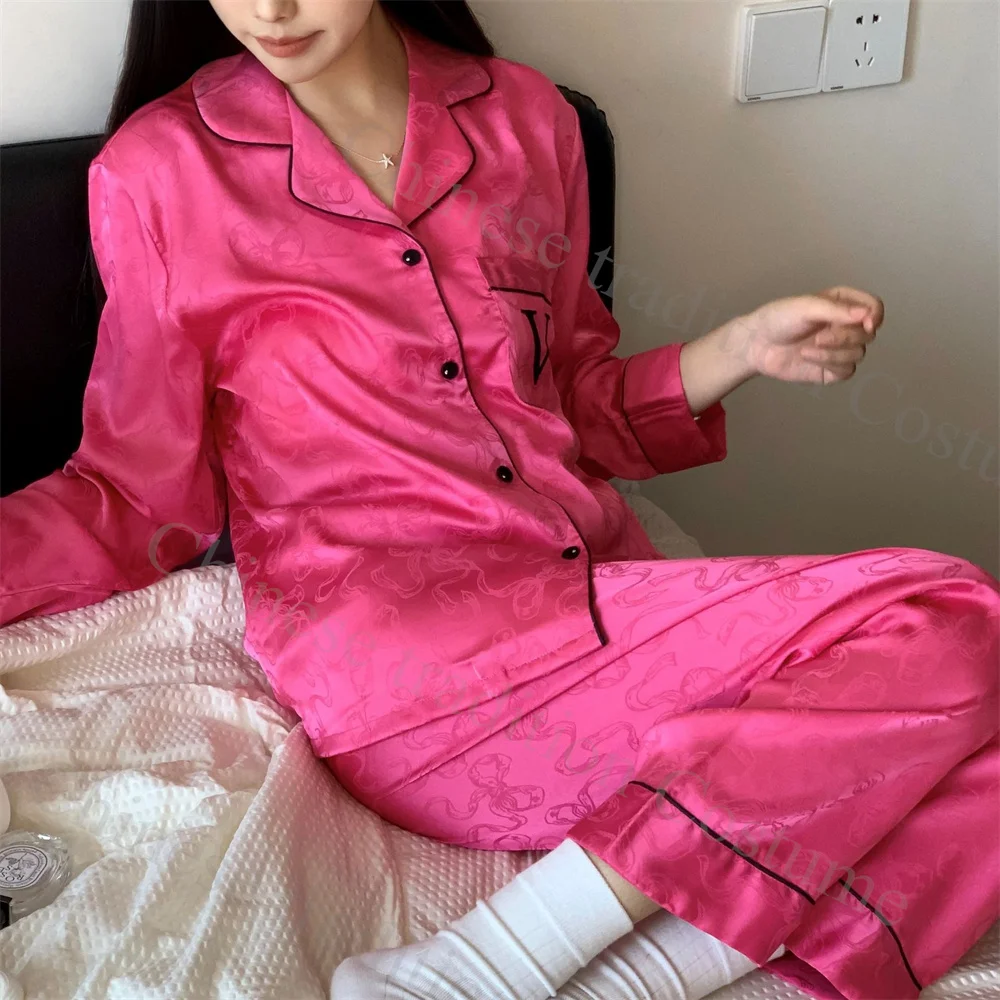 Hot Pink Bow Pijamas Set 2Pcs Loungewear Rayon Homewear Women Loose Sleepwear Luxury Embroider Letter Pyjamas Top&pants Outfit