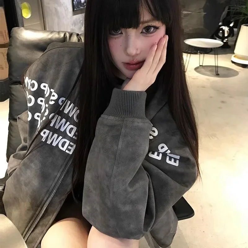 American Retro Letter Print Baseball Jacket Coat for Women​ Spring Fall High End Korean Style Pilot Jacket Soft Leather