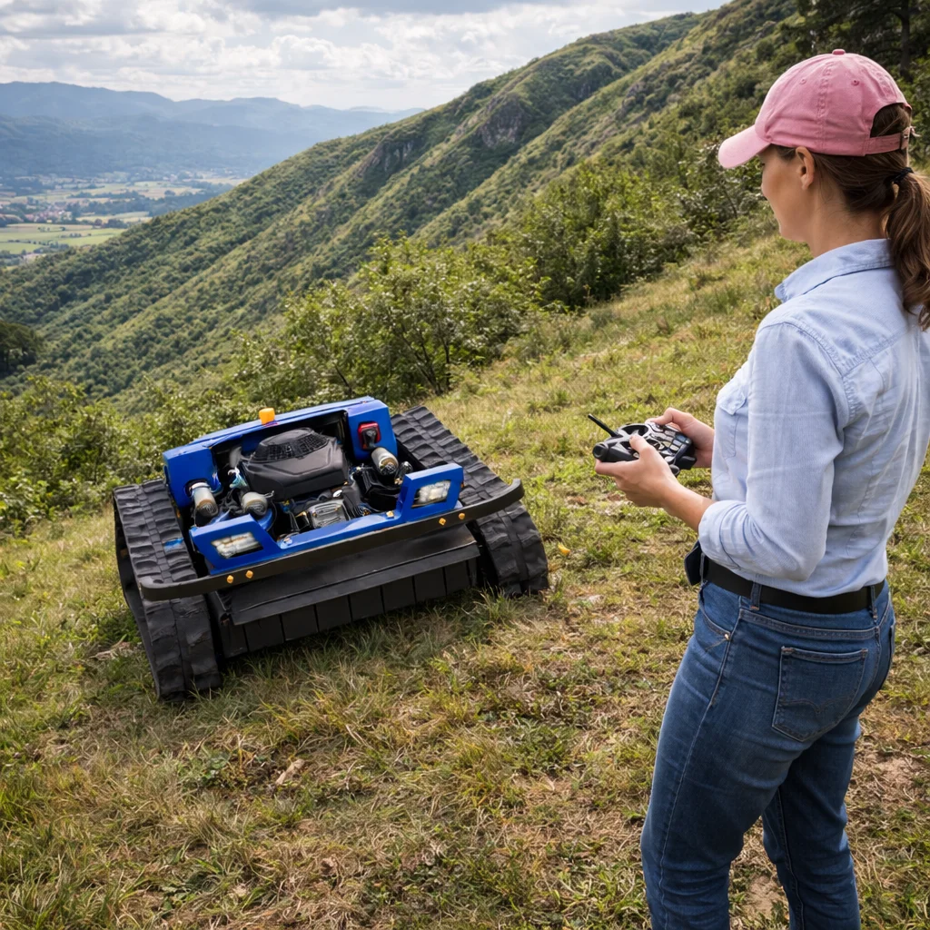 

Customized CE EPA certified all terrain remote-controlled robotic lawn mower with four stroke agricultural rubber tracks