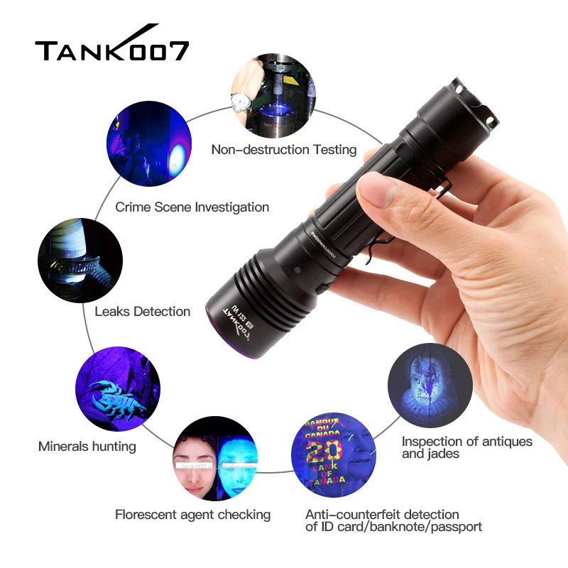 TANK007 365nm UV & White Light Flashlight Rechargeable Ultraviolet Lantern Dual LED Black Light Torch for Detect Fluorescence