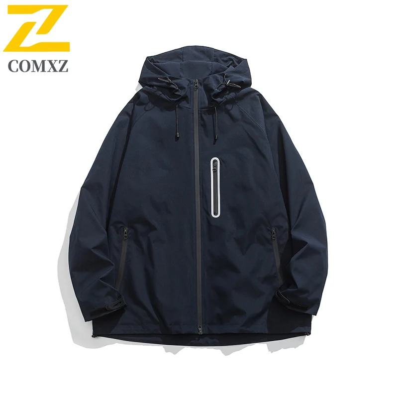 COMXZ Men Outdoor Jacket 2025 Hiking Camping Travel Windproof Waterproof Coat With Hood Lightweight Autumn Adventure Outerwear