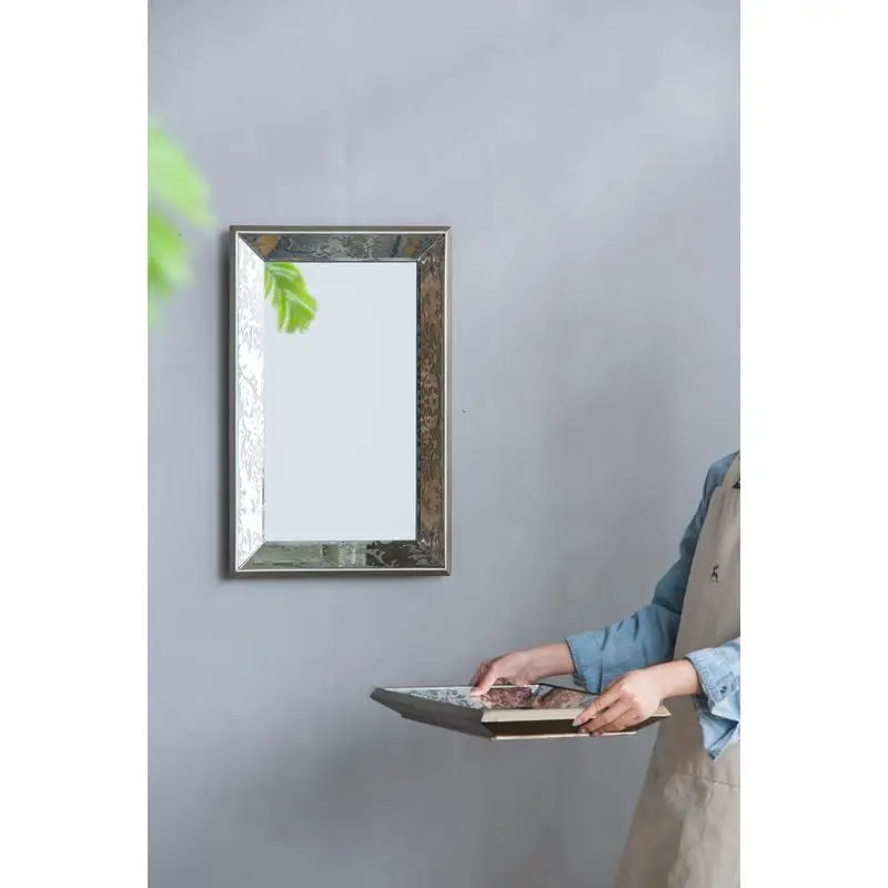 Espejo rectangular de plata antigua con detalles florales y bandeja de exhibición, espejo decorativo para colgar en la pared, decoración elegante para el hogar