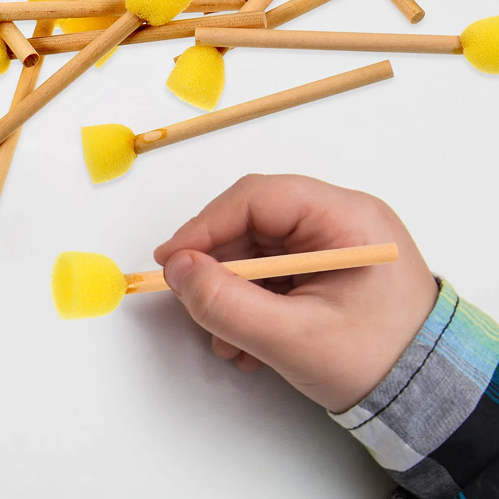 Mini corps d'éponges pour brosse de douche avec manche en bois, stylo jaune en mousse de peinture modèle, 10 pièces