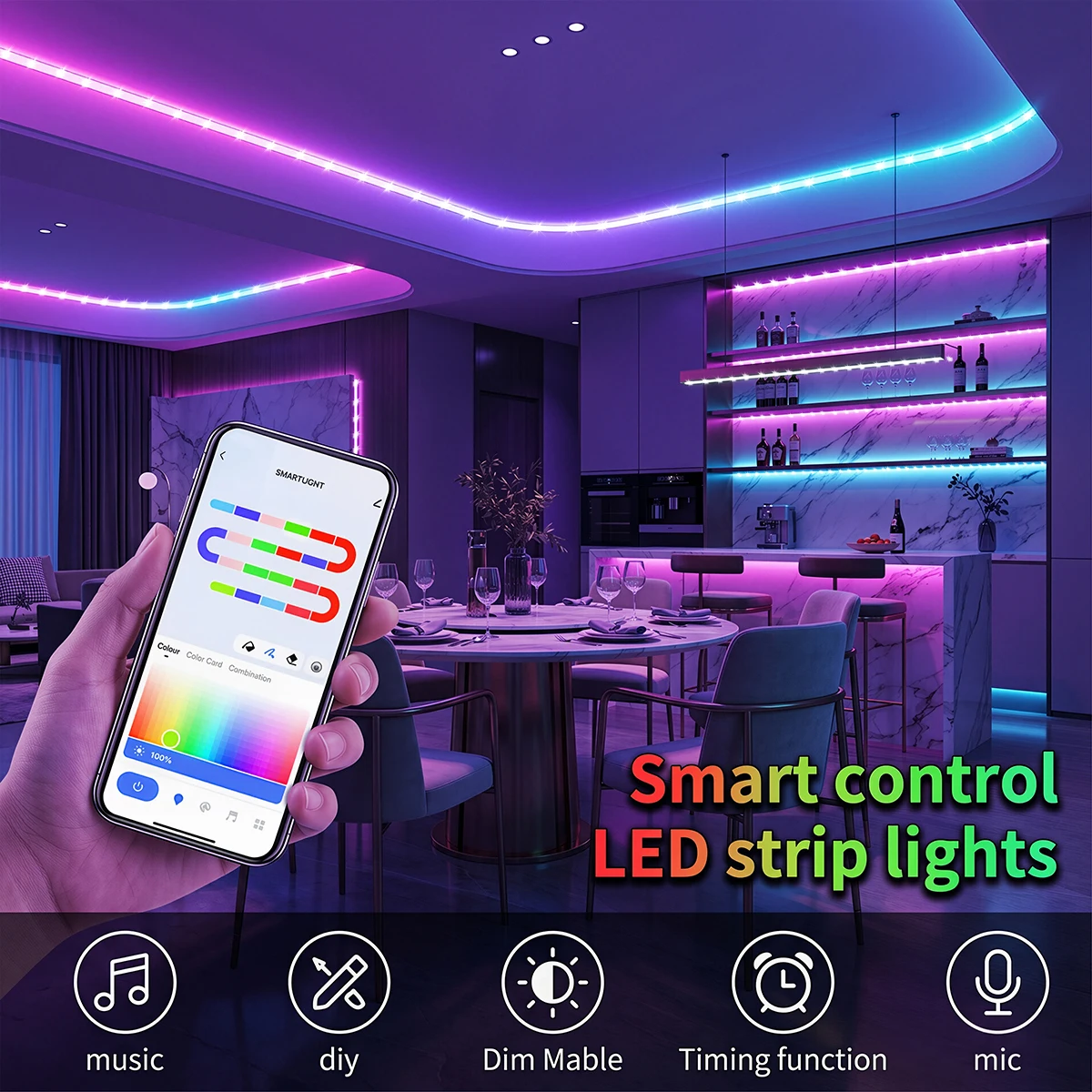 Smart LED Strip Lights with Bluetooth APP Control USB 5V RGBIC LED Strip Adjustable Brightness for Bedroom Decor Atmosphere Lamp