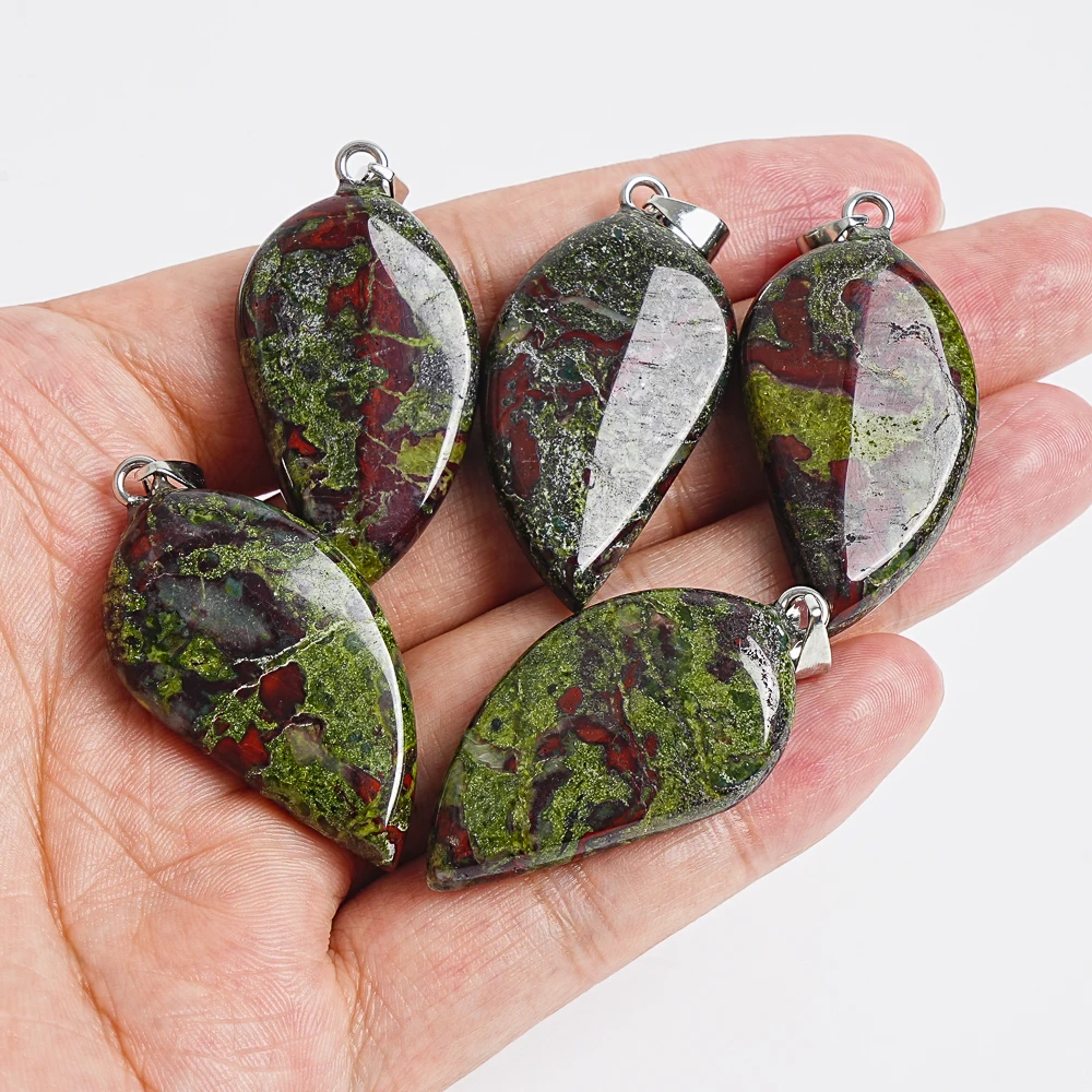 Natural Dragon Blood Jasper Pendant 39x22x8mm Red Green Leaf-Shaped Stone Unique Handmade Dangle Charm for Jewelry Making DIY
