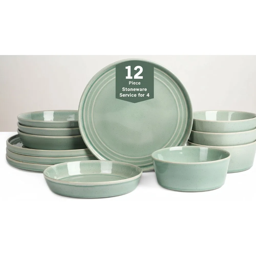 

Набор зеленой посуды из 12 предметов, каменные тарелки и миски на 4 человека, можно мыть в посудомоечной машине и в микроволновой печи