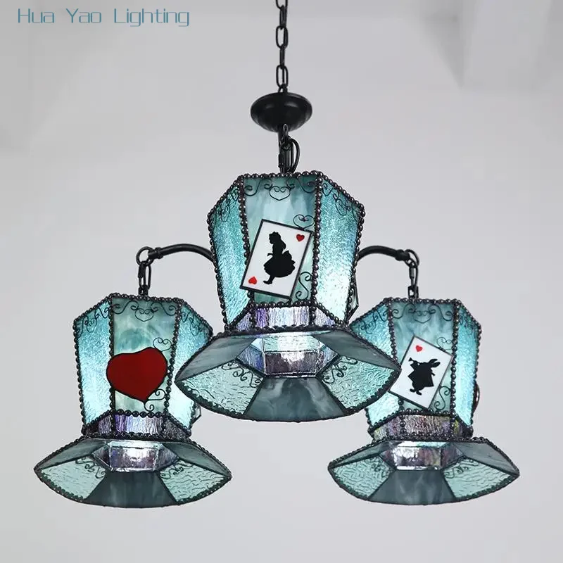 Tiffany European Alice's Ceiling Chandelier Lamp LED Mr. White Rabbit/Butterfly Fairy Glass Lampshade Home Decor Pendant Lights