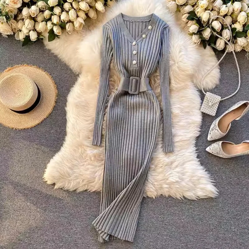 YuooMuoo2024 outono inverno feminino vestido de malha com nervuras elegante com decote em v botões bodycon camisola vestido com cinto senhora escritório vestido