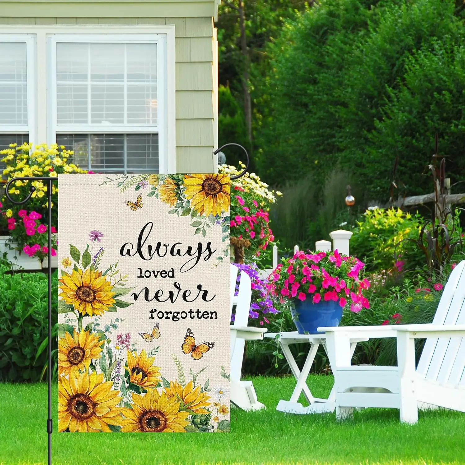 Heyfibro Always Loved Never Forgotten Memorial Garden Flag 12x18 Double Sided Burlap, Spring Summer Sunflower Butterfly Yard jjp