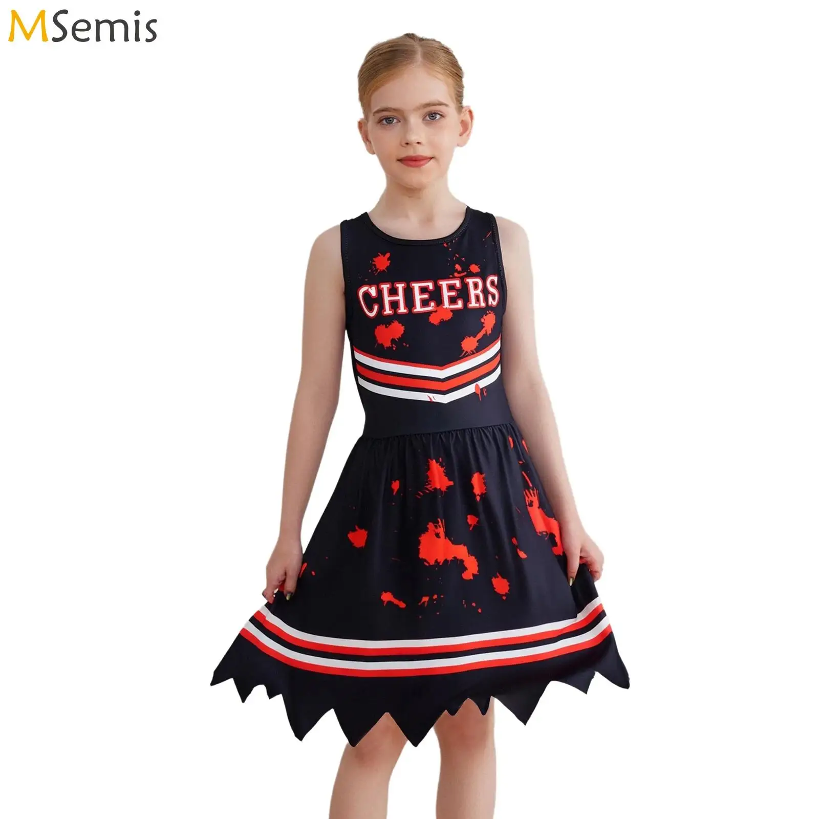

Kids Girls Cheerleader Costume Cheerleading Uniform Scary Bloody Dress Halloween Cosplay Horror Themed Parties Dress Up Outfits