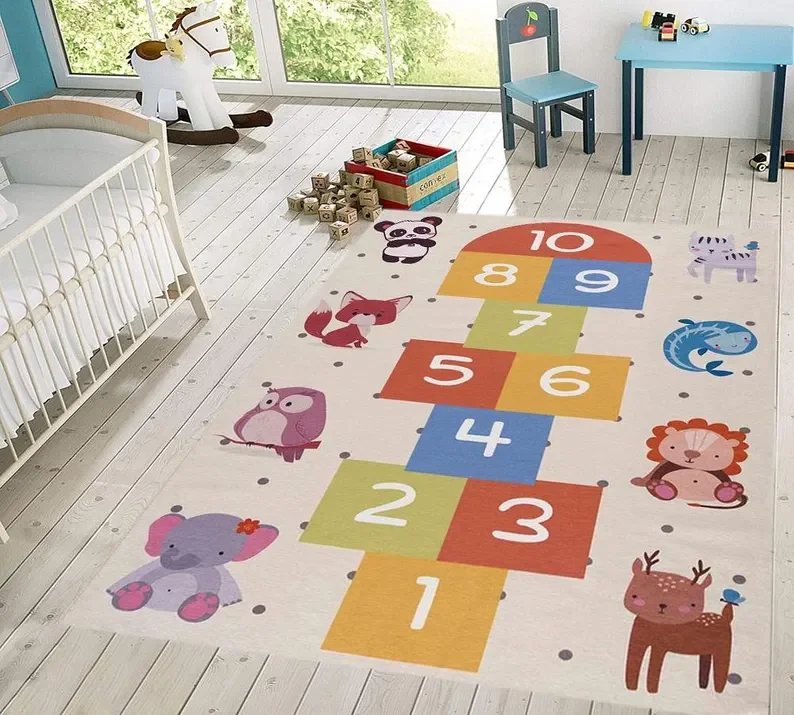 Kids Rug Non-Slip Play Mat Nursery Decor Kids Shapes Numbers ABC Playroom Area Toddler Carpet Learning Play Mat Boy Girl Bedroom