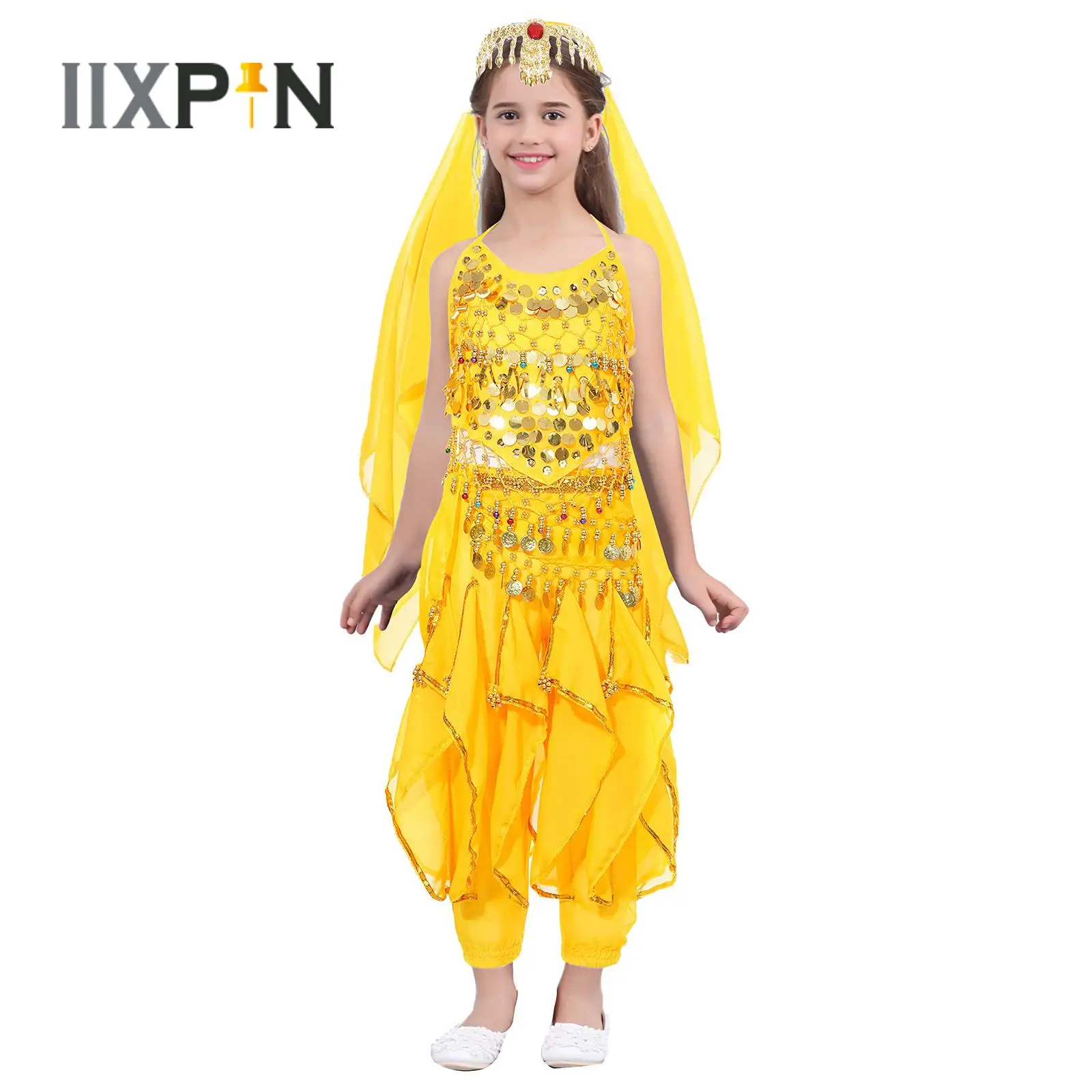 

Kids Girls Belly Dance Costume 5pcs Halloween Theme Party Lace-Up Sleeveless Crop Top+Ruffled Pants+Hip Scarf+Headscarf+Headwear