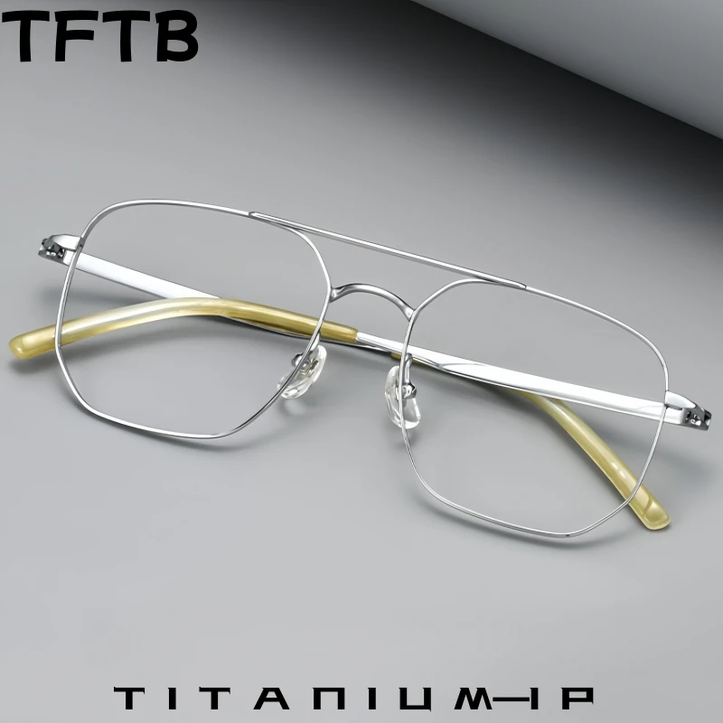 

TFTB Fashion Men's Double-Bridge Pilot Titanium Glasses Ultra-Light Trend Retro Polygonal Optical Prescription Eyeglasses Frame