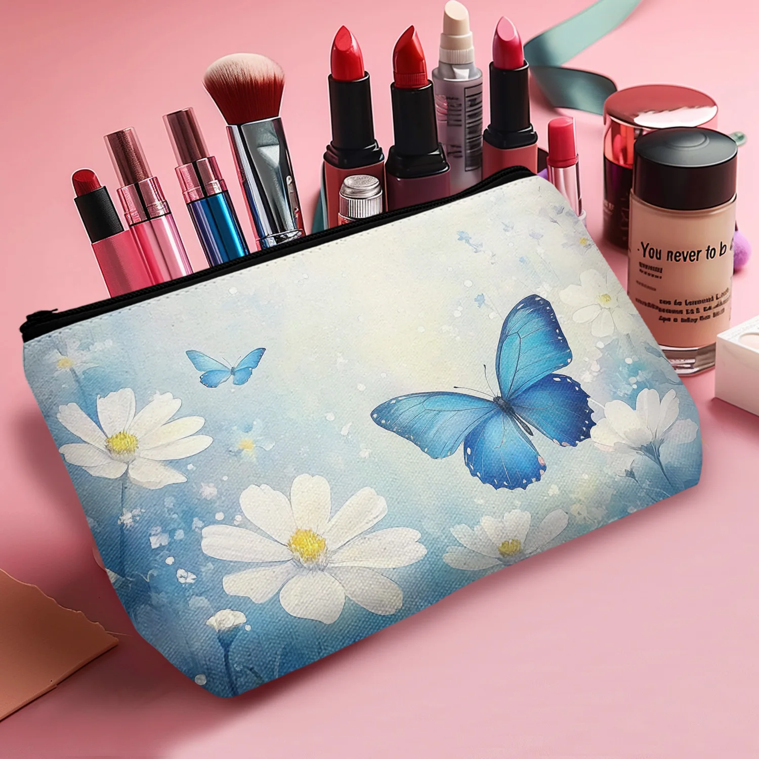 1Pc Elegant Floral Blue Butterfly Field Cosmetic Bag Multifunctional Durable Fashion Women Cosmetic Bag Suitable For Daily And