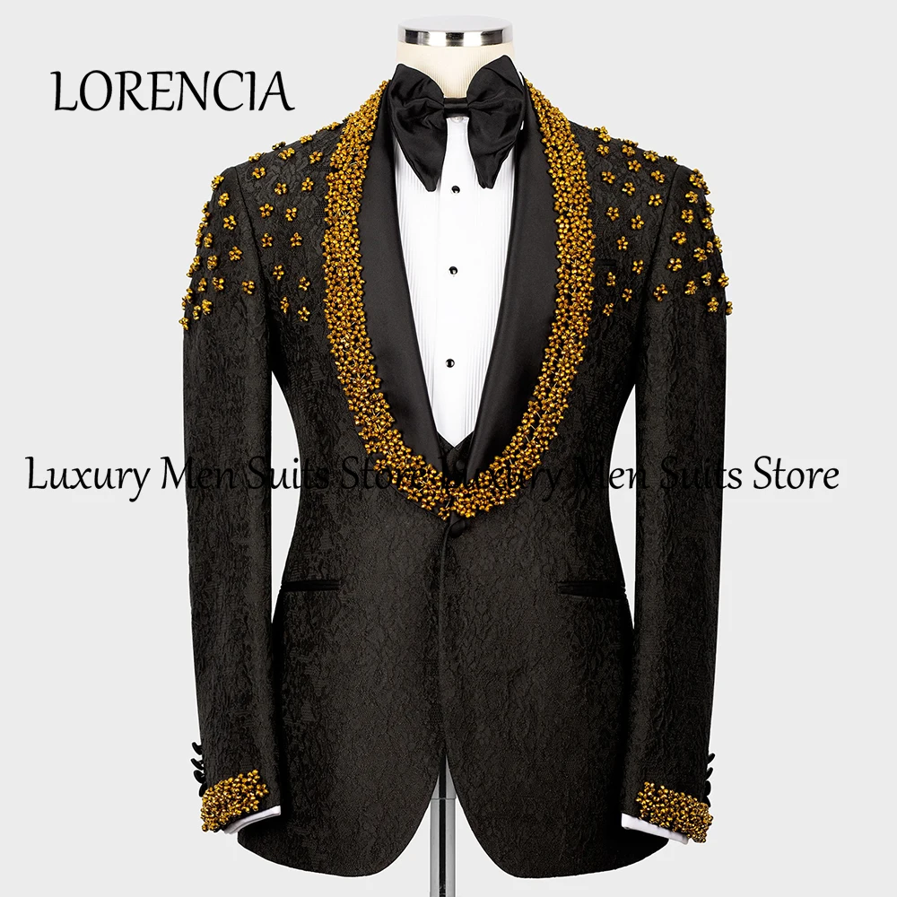 

Exquisite Jacquard Male Suits 3 Pieces Beading Crystal Wedding Party Outfits Customized Blazer Pants Vest robe mariage femme