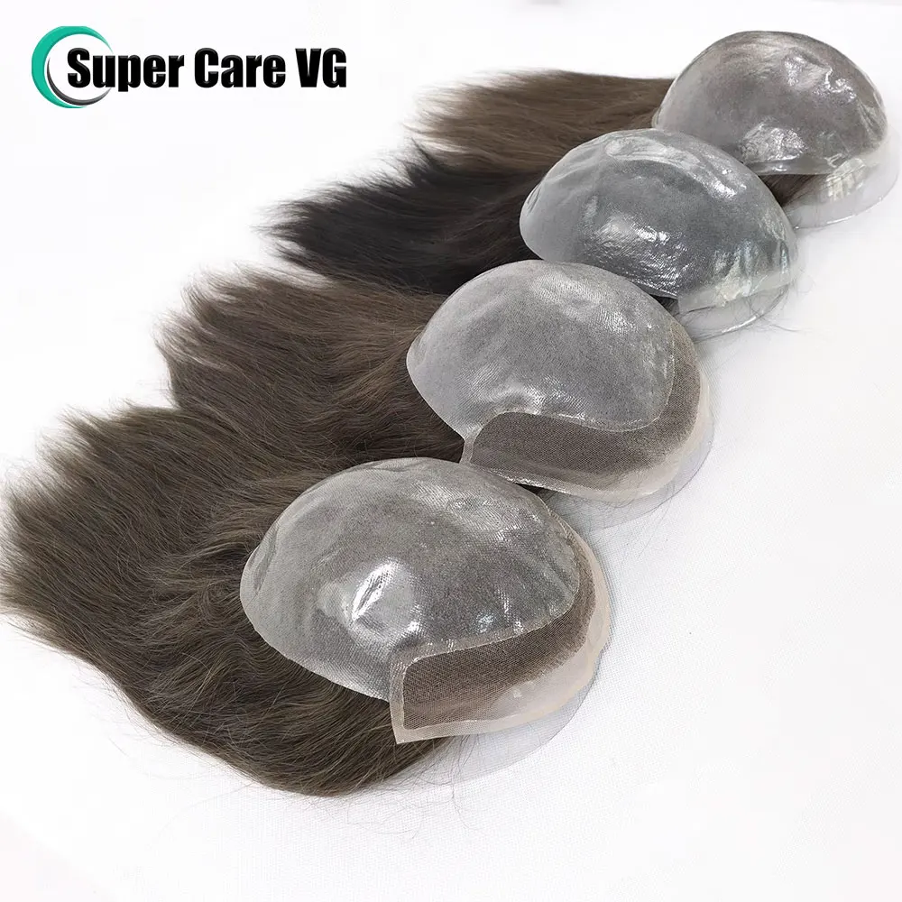 Brown/Black Long Hair Men Toupee Breathable Lace With PU Male Hair Wig Human Hairpiece Hair Replacement System Natural Hairline