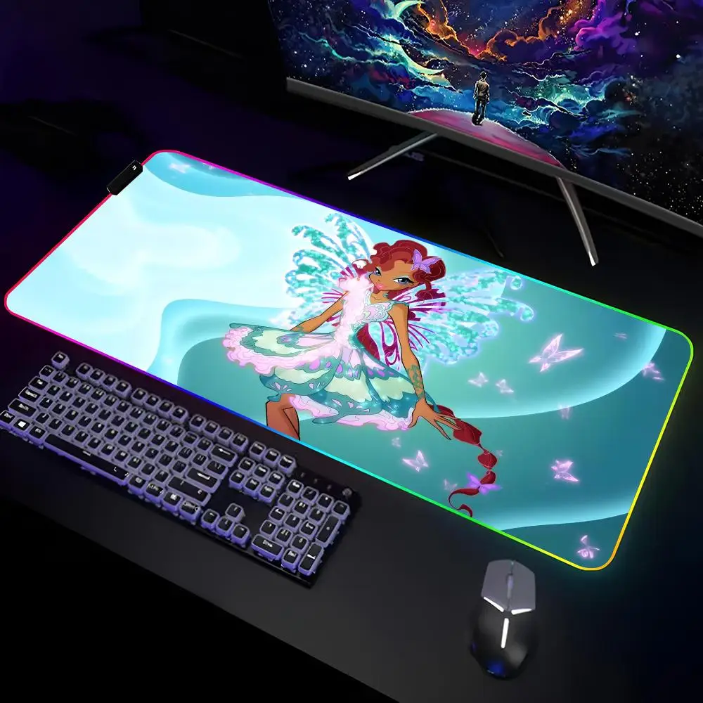 Alfombrilla de ratón para chica Winx Catoon Clubs, alfombrilla de escritorio RGB para Gamer, alfombrilla para teclado, portátiles para videojuegos, alfombrilla LED para ratón, Protector de escritorio, alfombrillas de Anime Mause